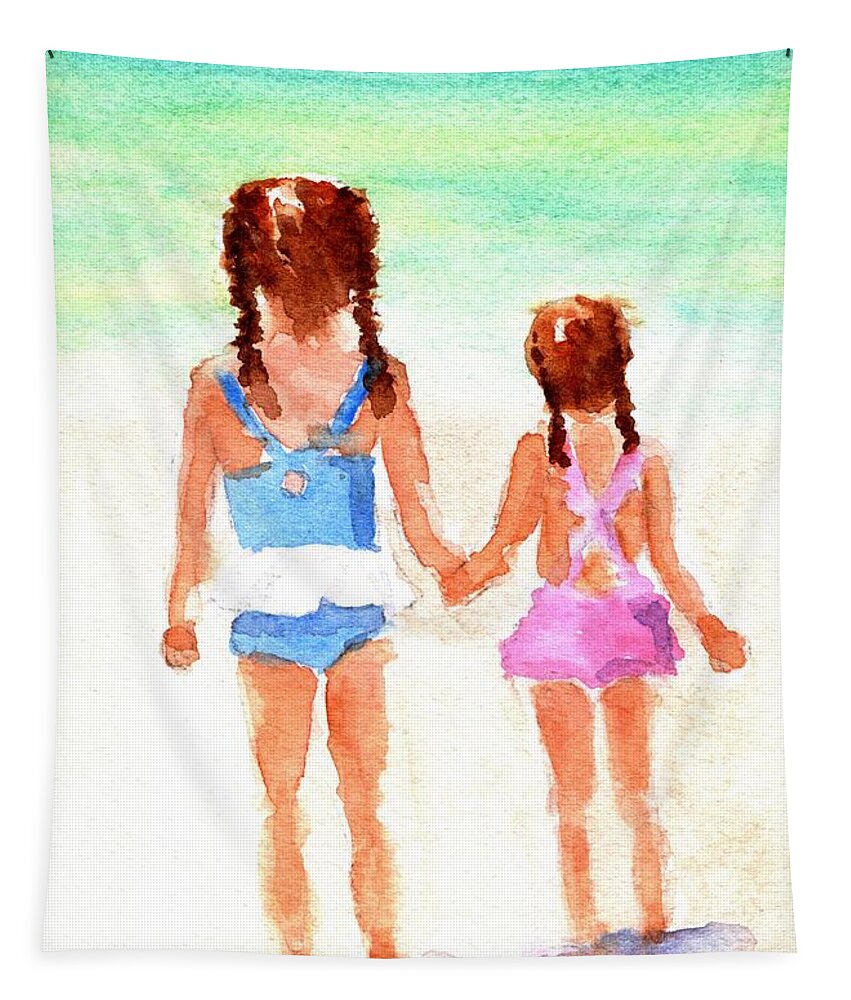 Little Sisters Tapestry featuring the painting Little Girls at the Beach by Carlin Blahnik CarlinArtWatercolor
