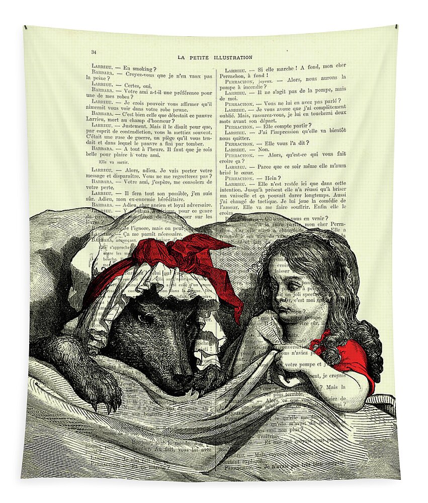 Little Red Riding Hood Tapestry featuring the digital art Little red riding hood and the big bad wolf artwork by Madame Memento