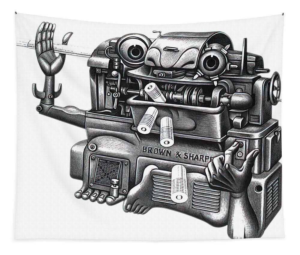 1950s Tapestry featuring the drawing Living Machine 1950s Brown and Sharpe machine tool, part of a series. by Boris Artzybasheef
