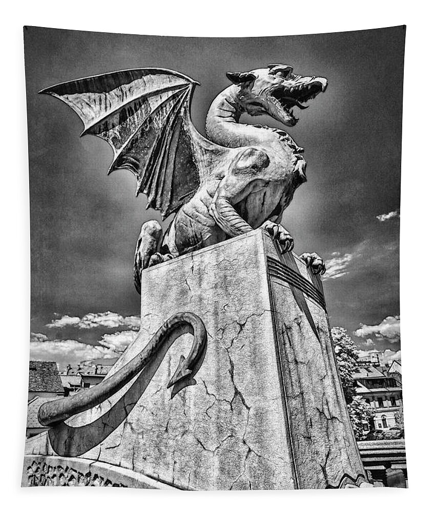 Infrared Photography Tapestry featuring the photograph Ljubljana Dragon in Black and White by Norman Gabitzsch