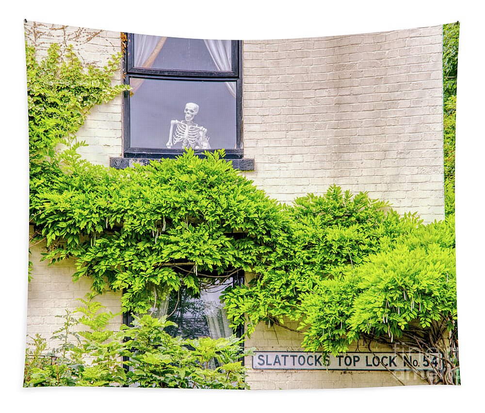 Digital Art Tapestry featuring the photograph Lockkeepers cottage window Rochdale Canal Lock 54 Slattocks UK by Pics By Tony