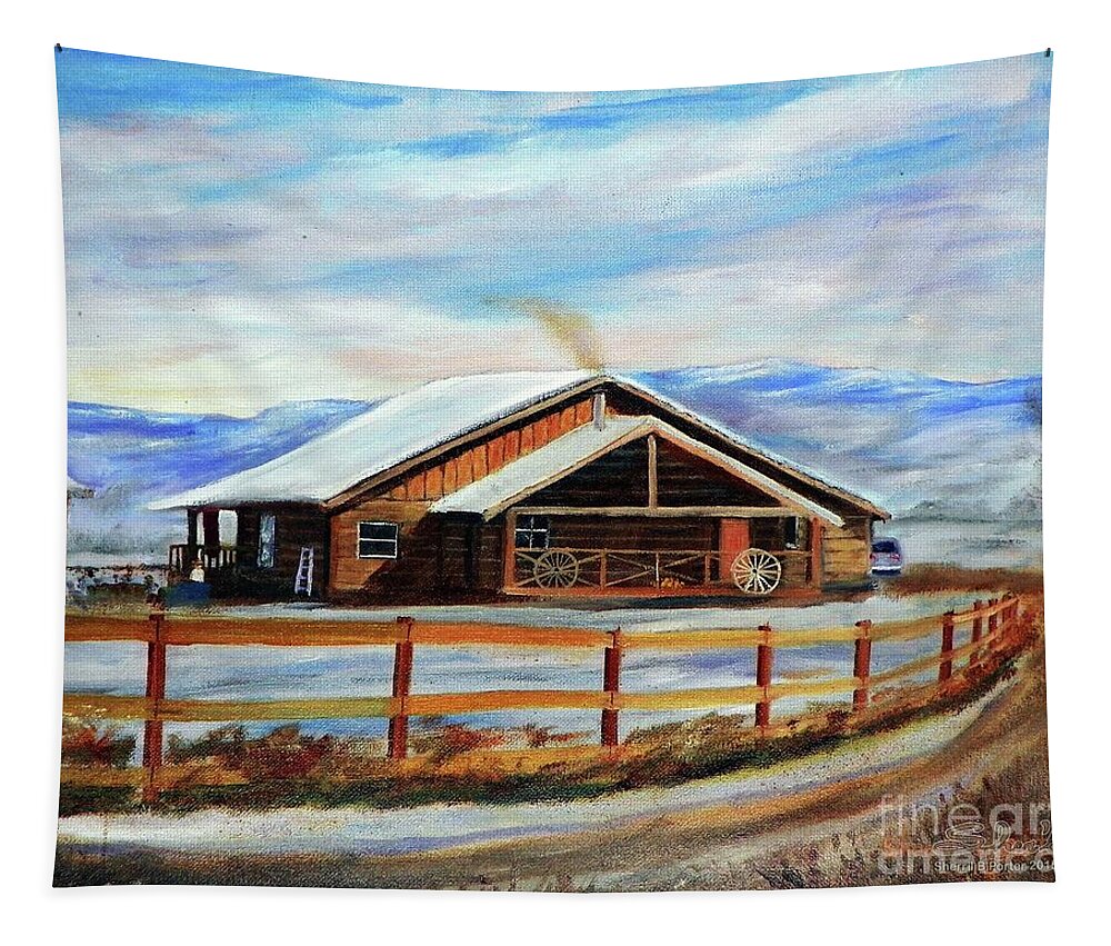 Landscape Tapestry featuring the painting Log Cabin House in Winter by Sherril Porter