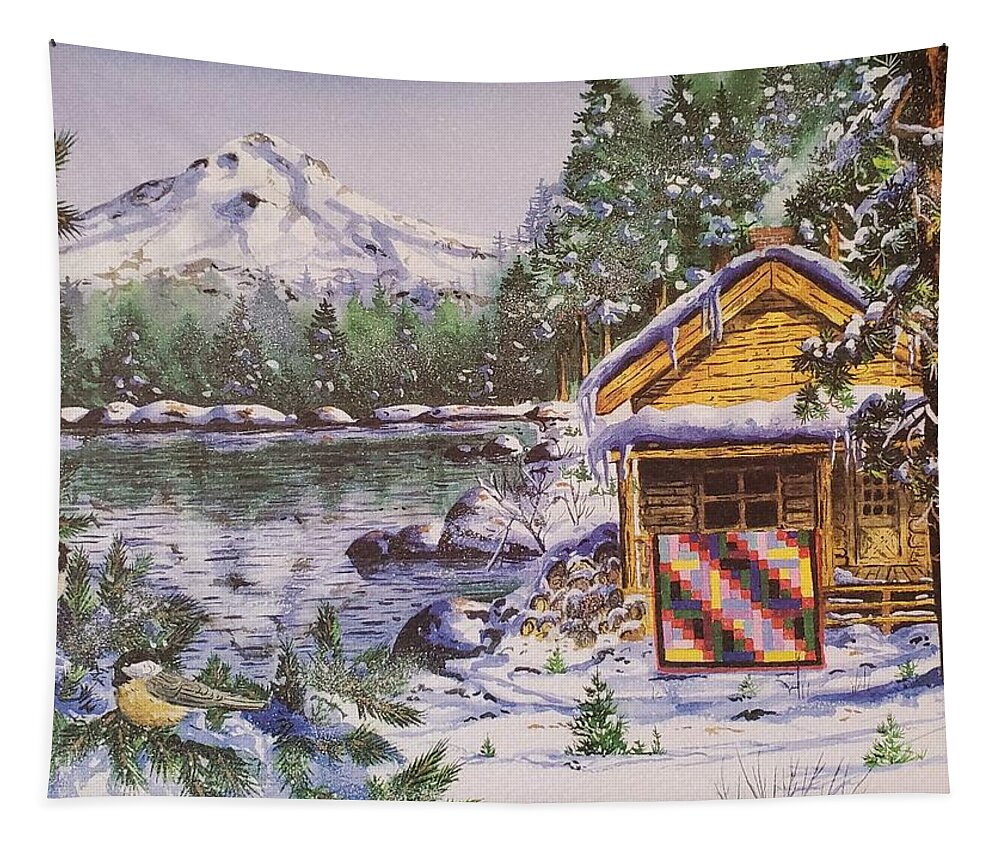 Log Cabin Tapestry featuring the painting Log Cabin Mountain Quilt by Diane Phalen