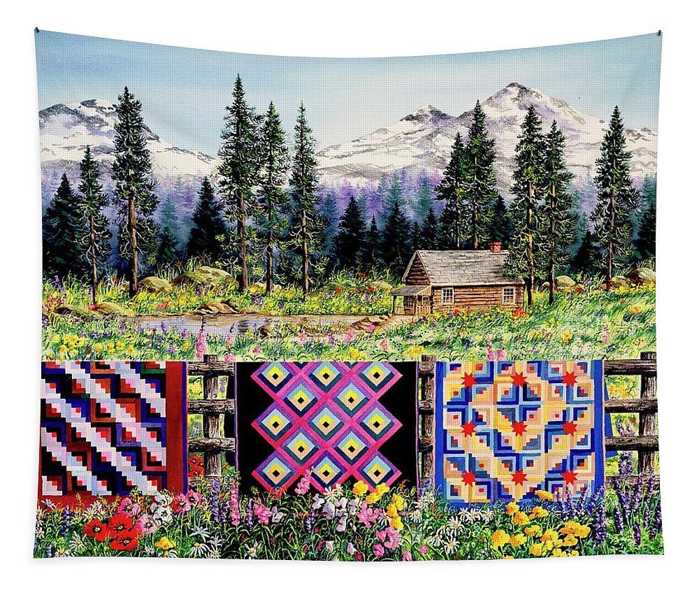 Mountains Tapestry featuring the painting Log Cabin Quilts by Diane Phalen