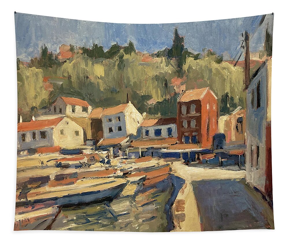 Harbour Tapestry featuring the painting Loggos harbour village front by Nop Briex