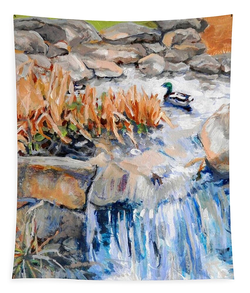 Duck Waterfall Rocks  Grasses Tapestry featuring the painting Lone Duck by Martha Tisdale