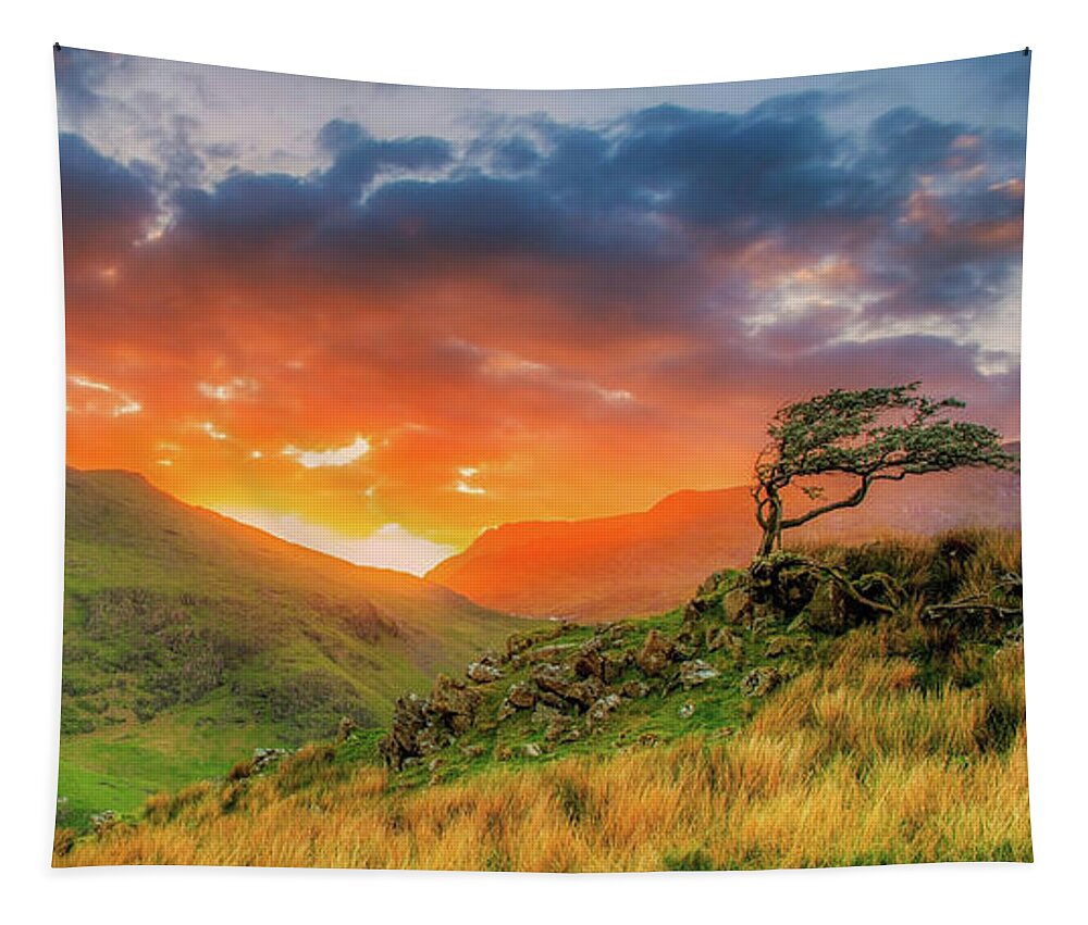 Tree Tapestry featuring the digital art Lone tree in the burning sky by Remigiusz MARCZAK