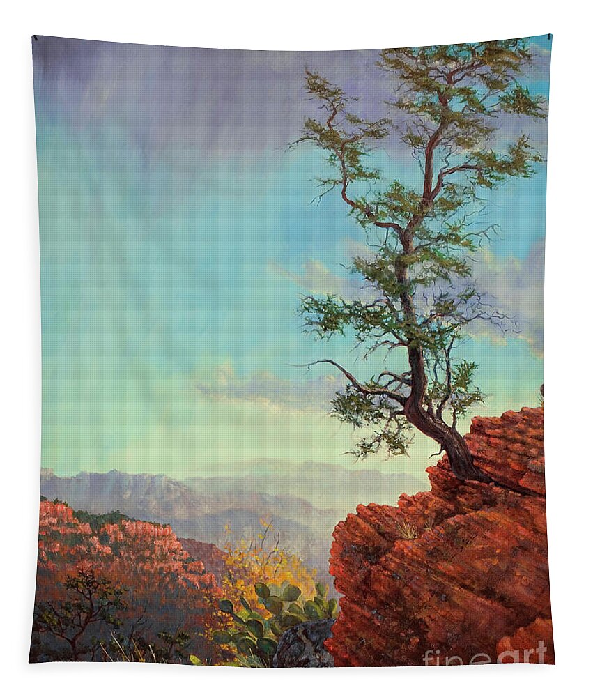 Cedar Tapestry featuring the painting Lone Tree Struggle by Robert Corsetti