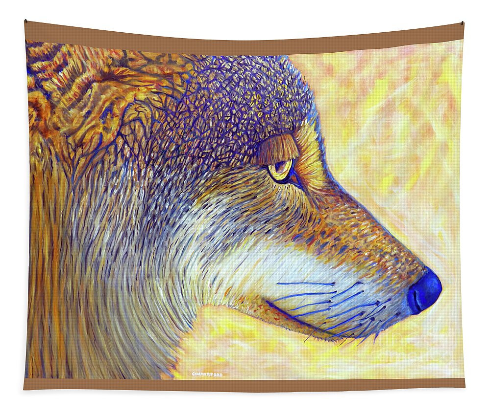 Wolf Tapestry featuring the painting Lone Wolf Wisdom by Brian Commerford