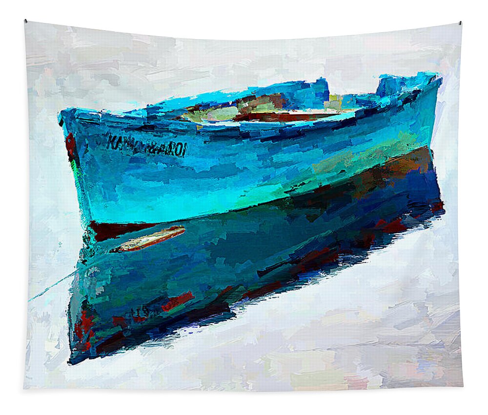 Lonely Tapestry featuring the digital art Lonely boat floating - digital painting by Tatiana Travelways