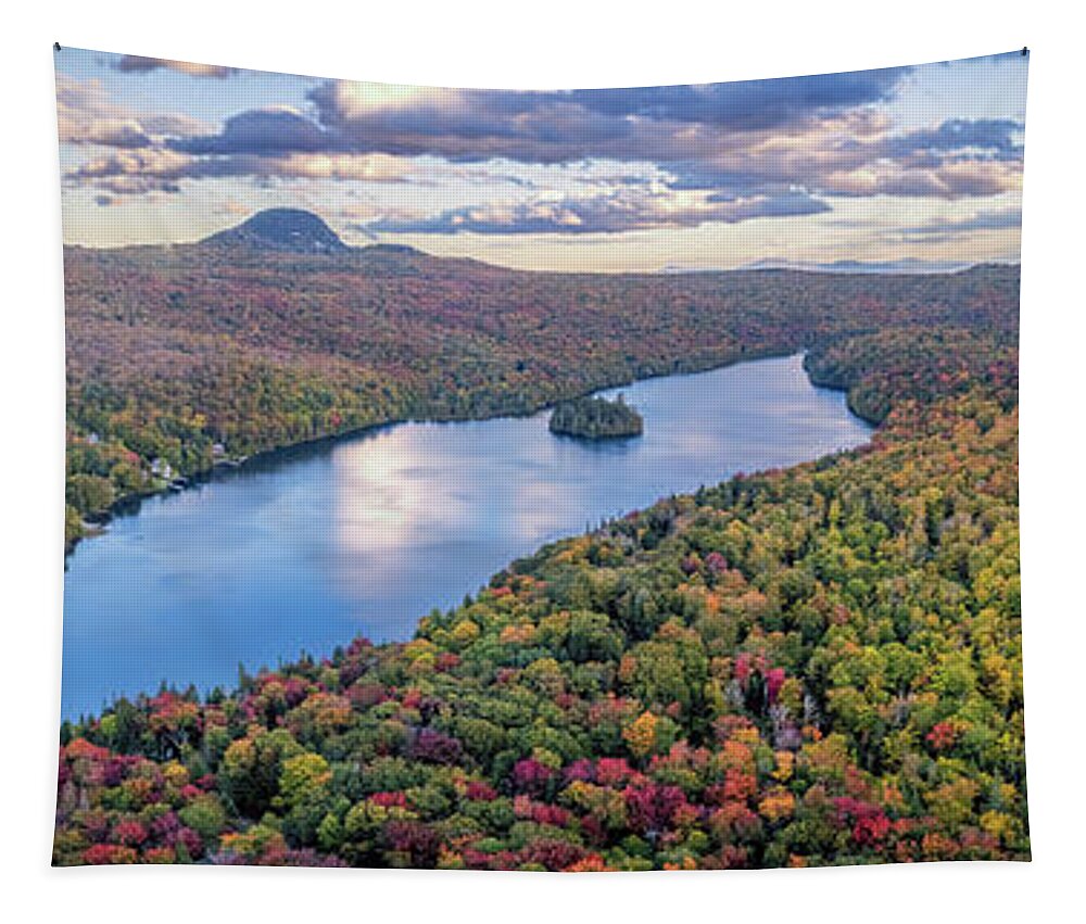 Fall Foliage 2021 Tapestry featuring the photograph Long Pond - Westmore, Vermont - Fall Foliage Panorama by John Rowe