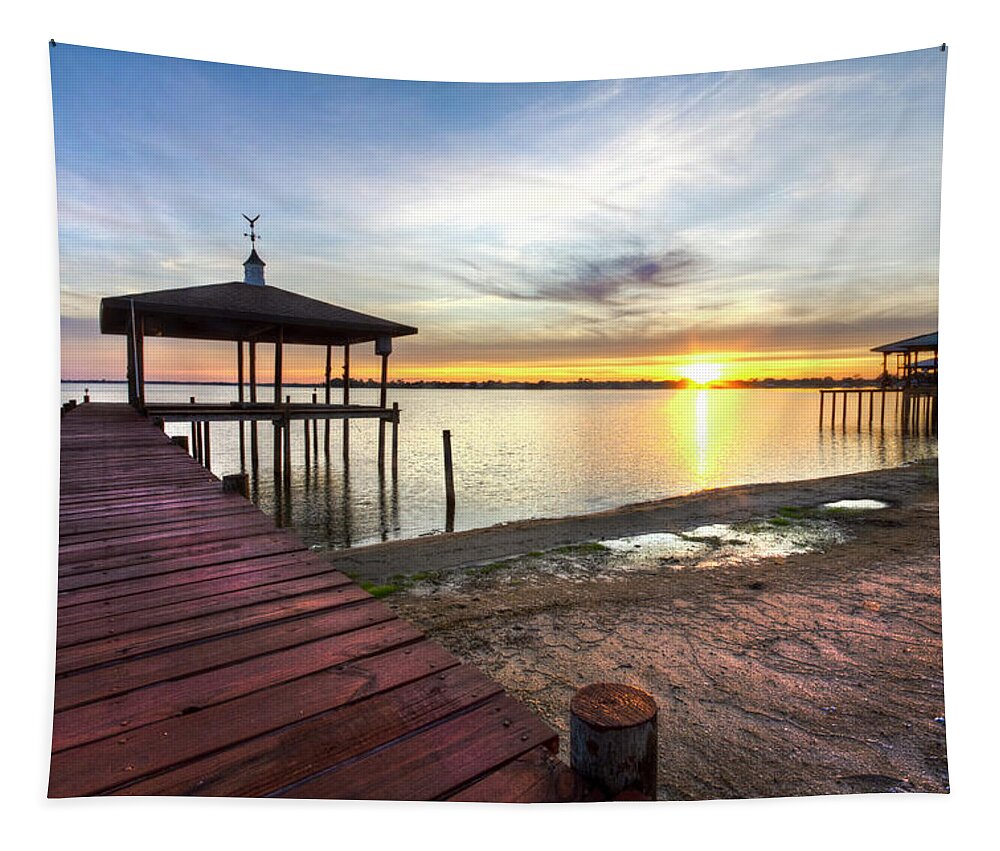 Clouds Tapestry featuring the photograph Long Sunset Dock by Debra and Dave Vanderlaan