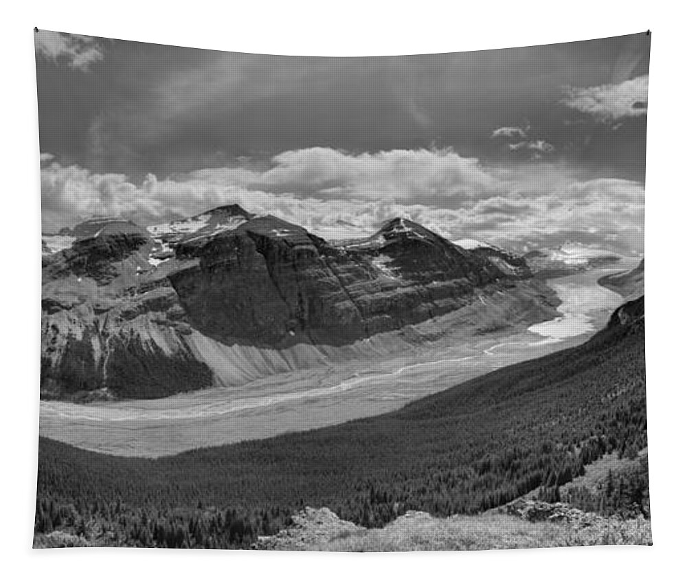 Parker Ridge Tapestry featuring the photograph Looking Out Over Parker Ridge Black And White by Adam Jewell