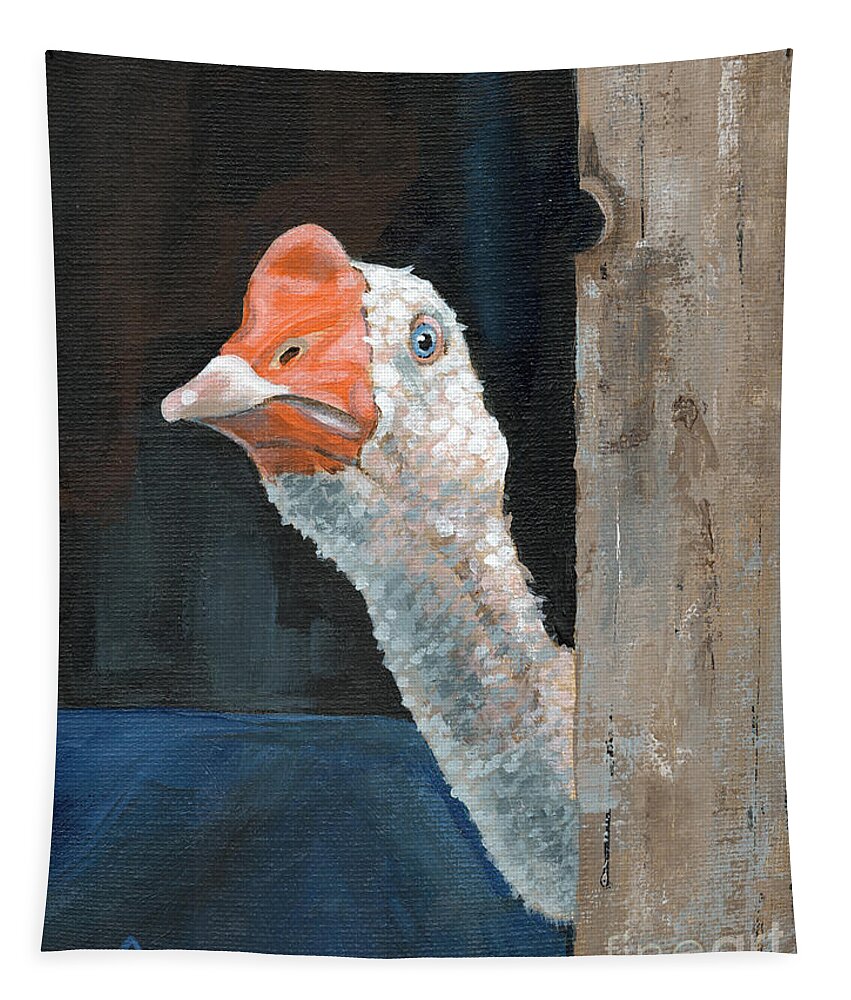 Goose Tapestry featuring the painting Nosey Neighbor - Goose Painting by Annie Troe