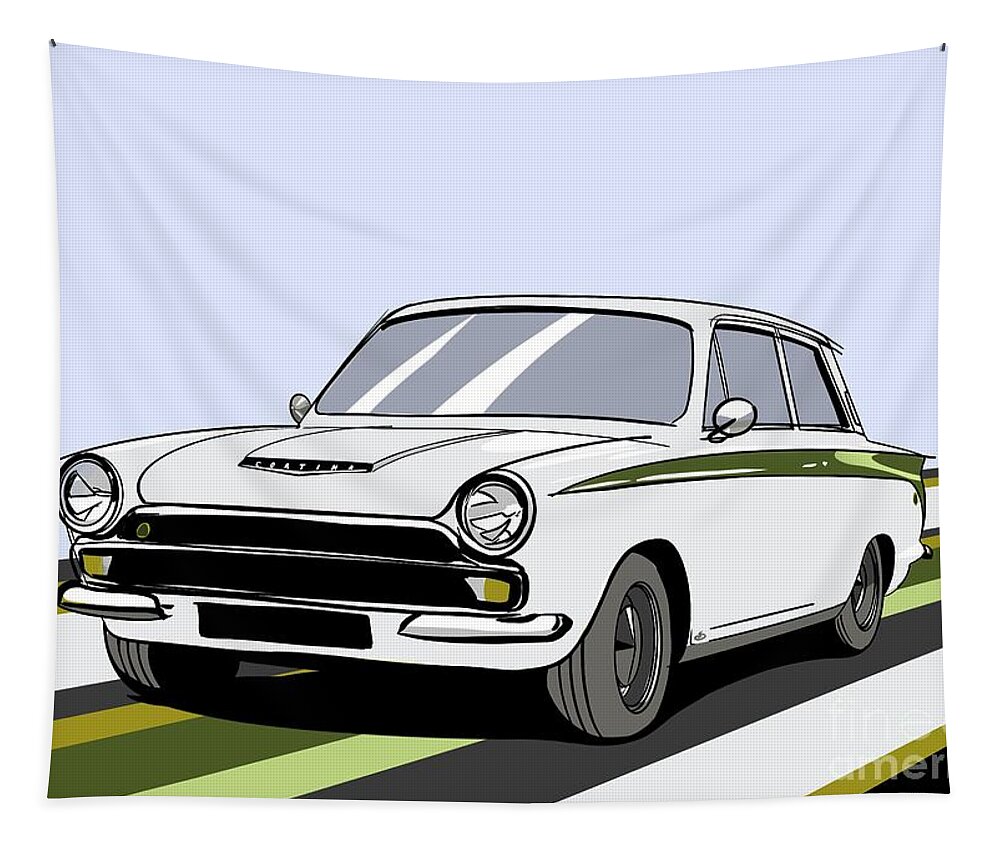 Sports Car Tapestry featuring the digital art Lotus Cortina Classic British Sports Racing Touring Car - Vector Back Version by Moospeed Art