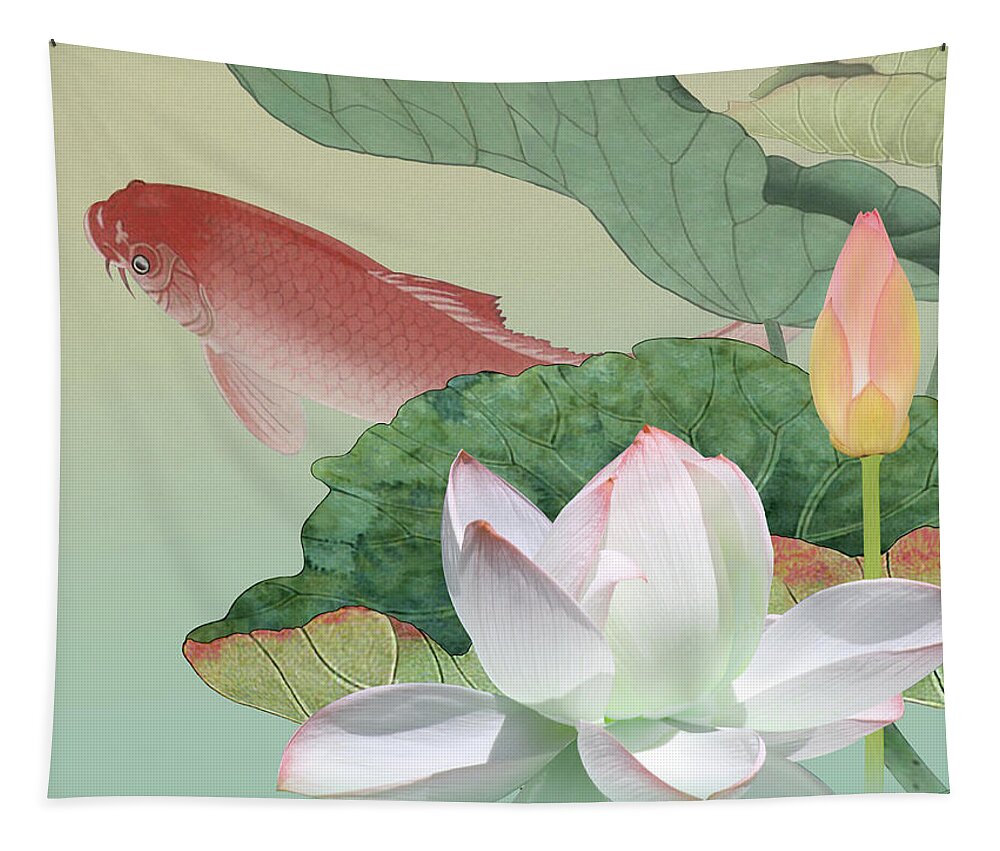 Flower Tapestry featuring the digital art Lotus Flower and Koi by M Spadecaller