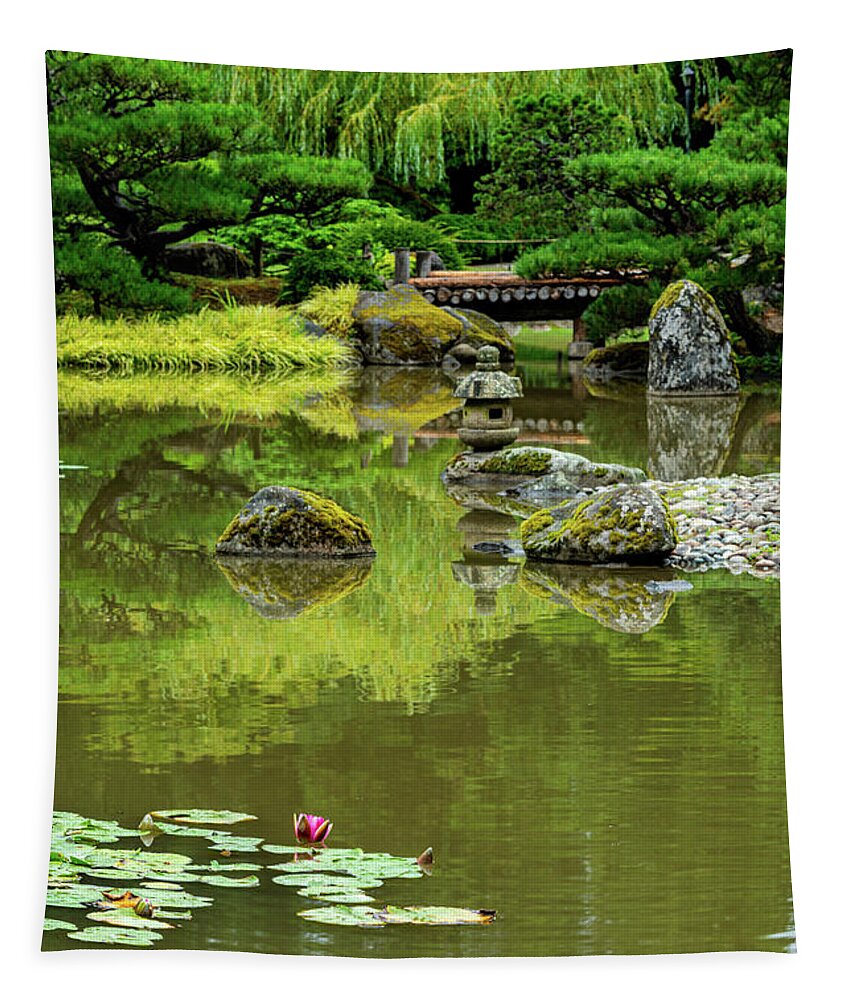 Outdoor; Summer; Japanese Garden; Seattle; City; Park; Water Lilies; Lotus; Pond; Tapestry featuring the digital art Lotus in Japanese Garden by Michael Lee