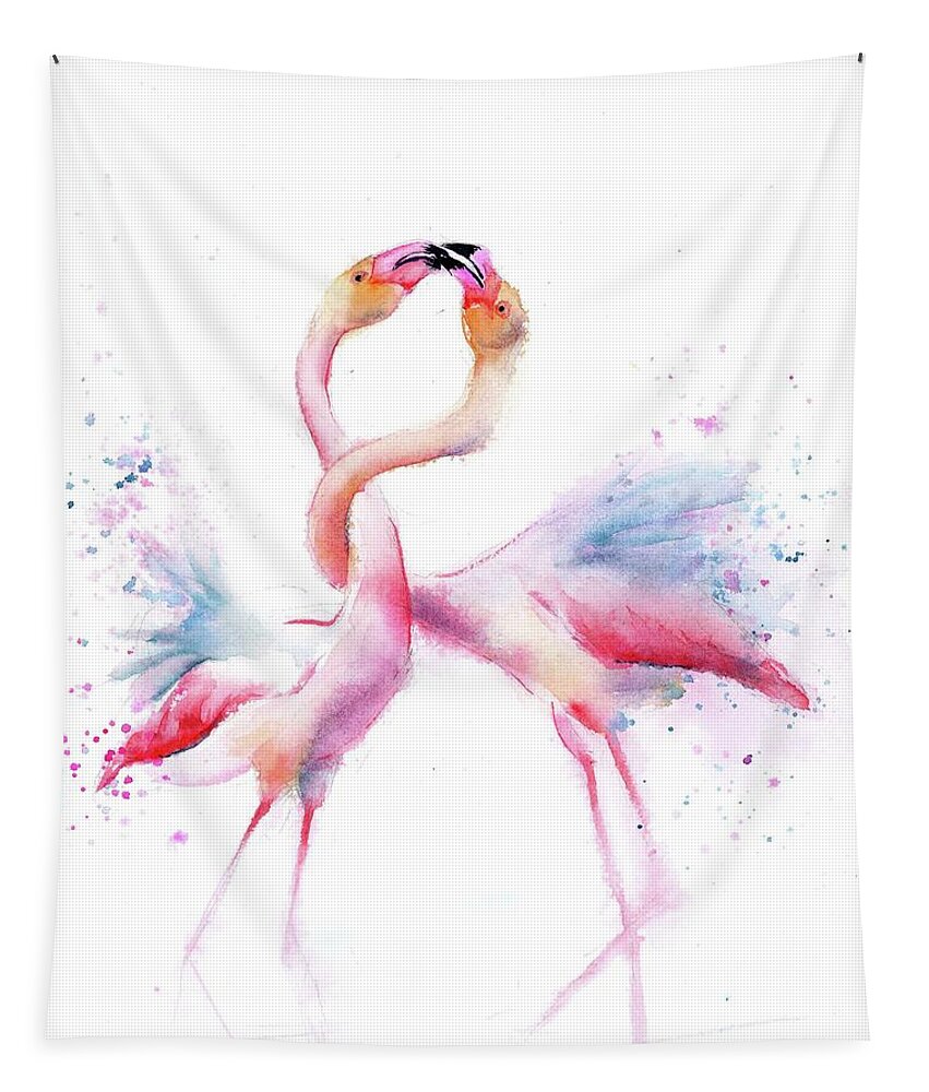 Love Birds Art Tapestry featuring the painting Love Flamingos art by Paintis Passion