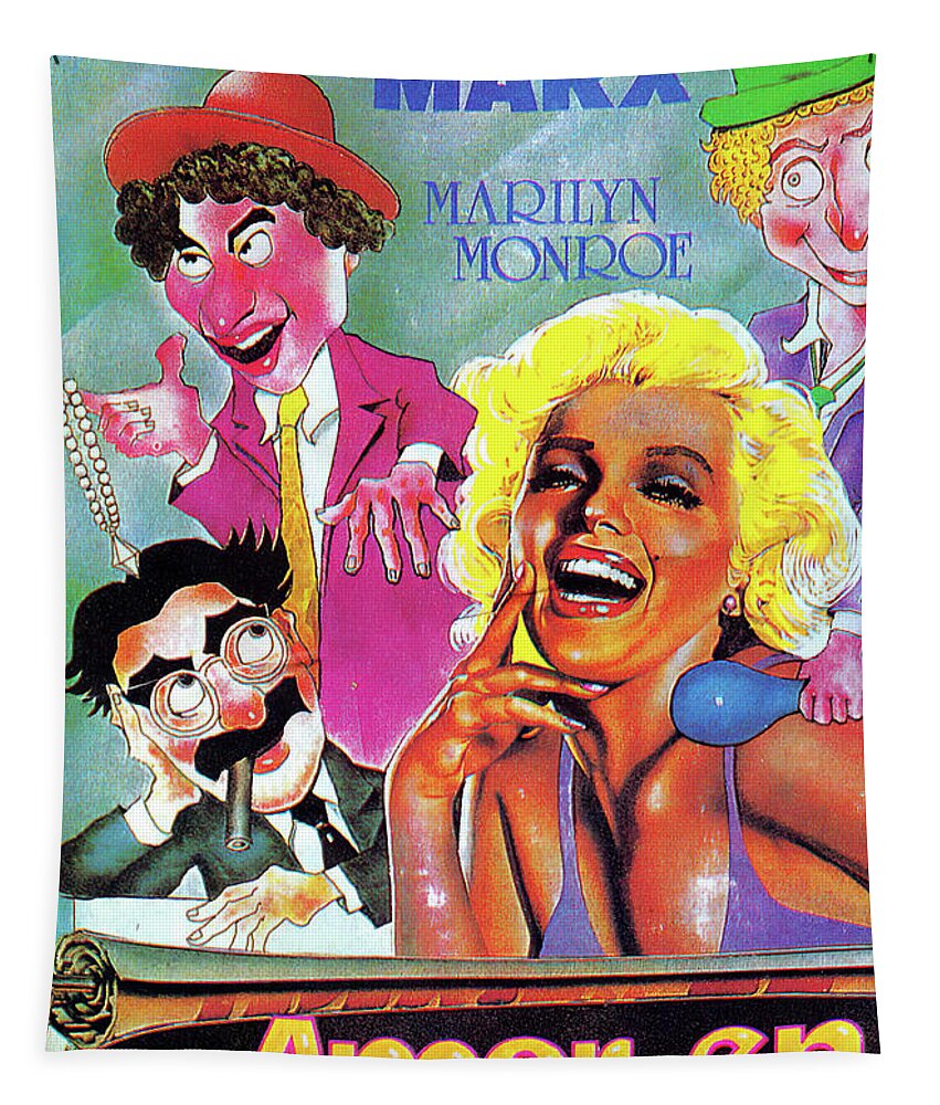 Synopsis Tapestry featuring the mixed media ''Love Happy'', 1949 - art by Al Hirschfeld - with synopsis by Movie World Posters