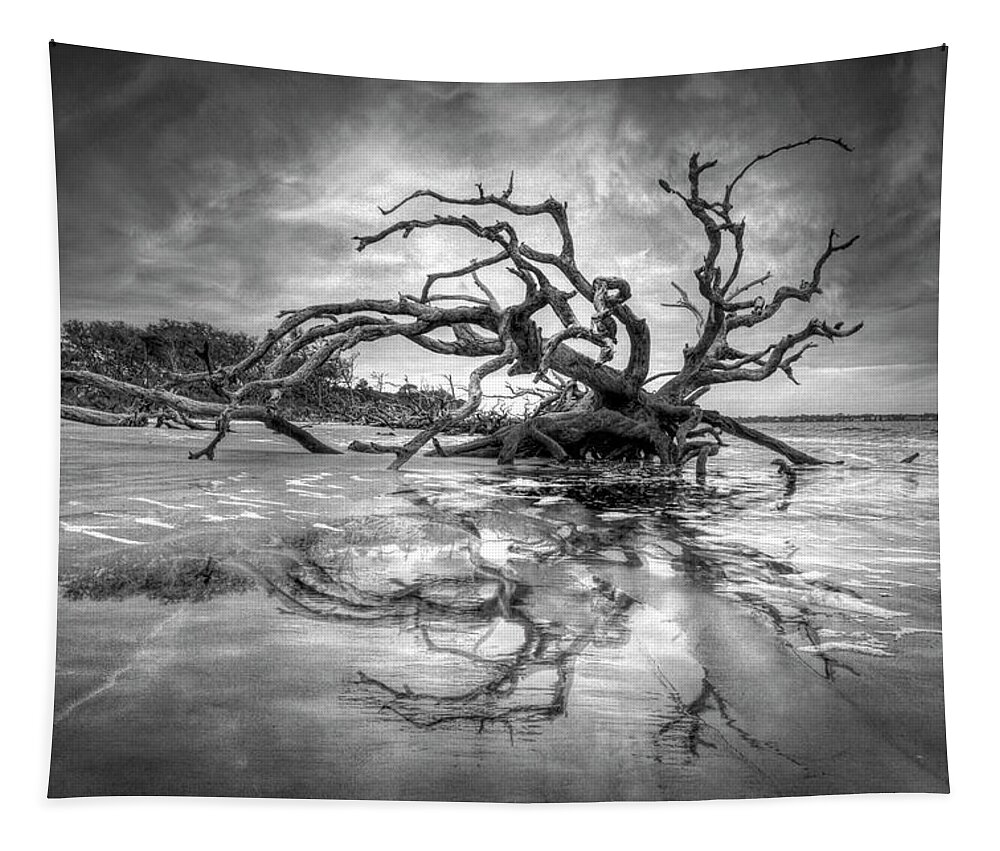 Clouds Tapestry featuring the photograph Low Tide Reflections Jeykll Island Dawn Black and White by Debra and Dave Vanderlaan