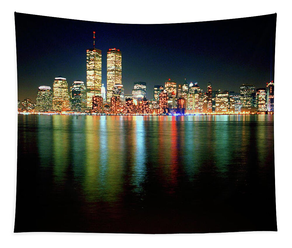 Nighttime Tapestry featuring the photograph World Trade Center Twin Towers, Lower Manhattan New York City Nighttime Cityscape 1985 by Kathy Anselmo