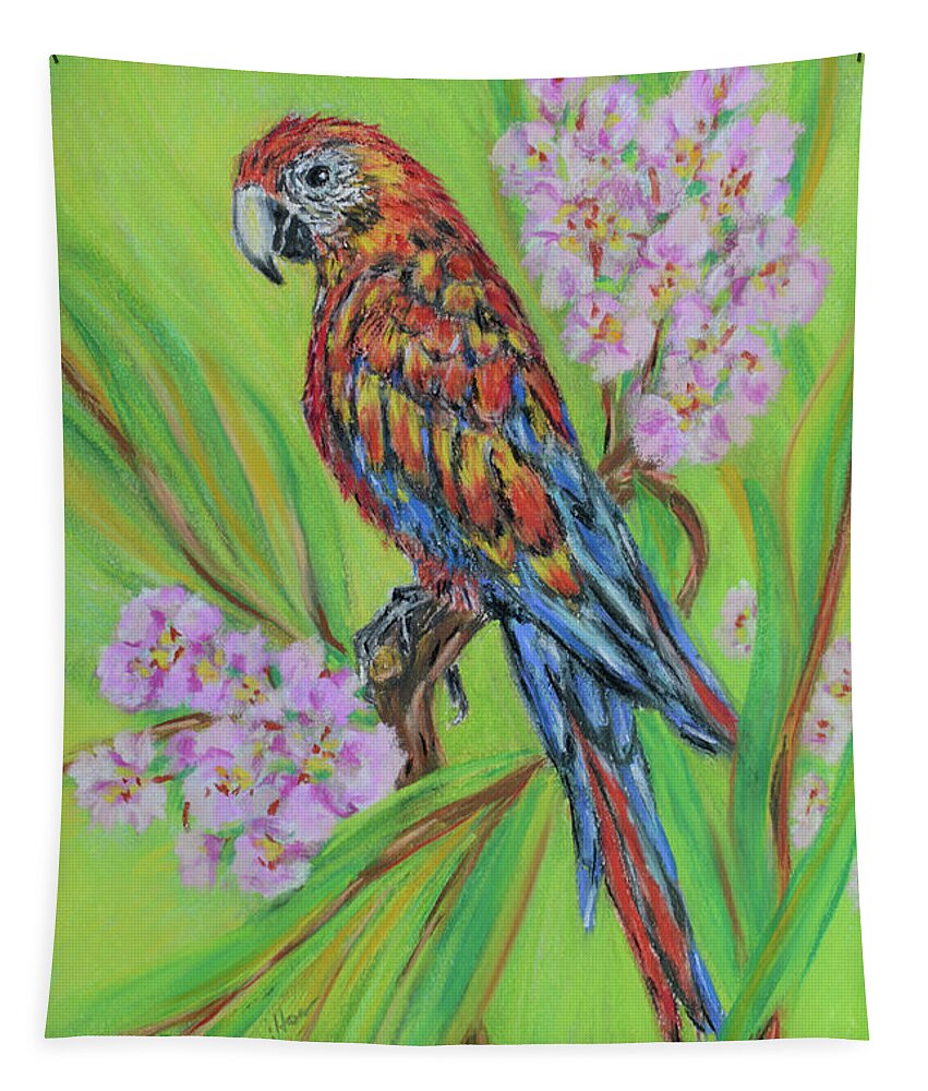 Macaw Tapestry featuring the pastel Macaw In Flowers by Olga Hamilton