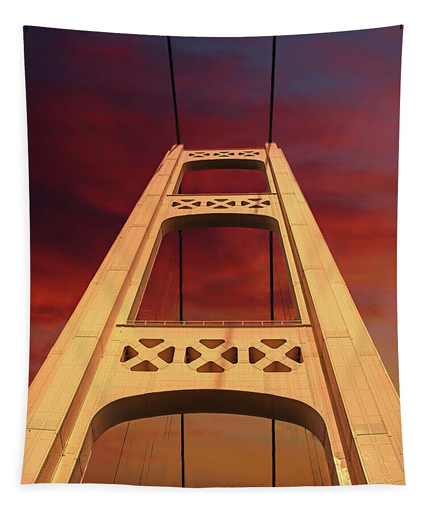 Mackinac Bridge At Sunset Tapestry featuring the digital art Mackinac Bridge Sunset by Stoneworks Imagery