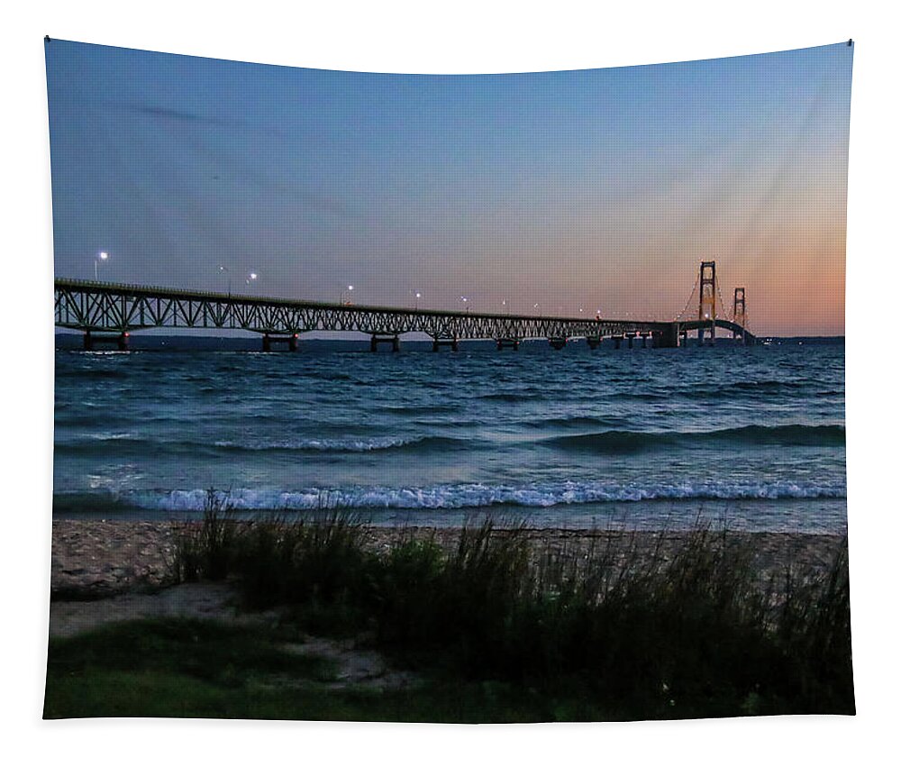 5th Longest Suspension Bridge Tapestry featuring the photograph Mackinac Sunrise by Deb Beausoleil