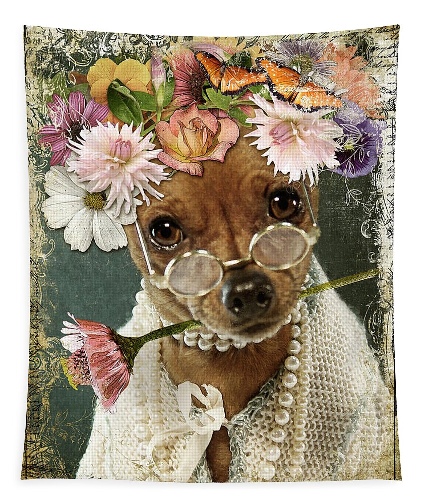 Minpin Tapestry featuring the digital art Maddy in Her Good Pearls by Linda Lee Hall