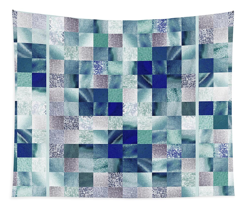 Quilt Tapestry featuring the painting Magic Blues Watercolor Squares Art Mosaic Quilt by Irina Sztukowski