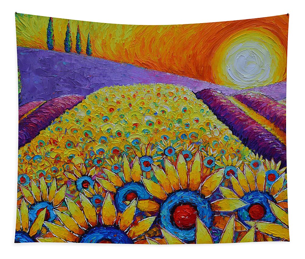 Provence Tapestry featuring the painting MAGIC OF PROVENCE SUNFLOWERS AND LAVENDER FIELDS landscape commissioned painting Ana Maria Edulescu by Ana Maria Edulescu