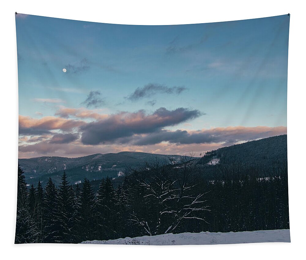 Marvelous Tapestry featuring the photograph Magical evening with full moon in the Beskydy by Vaclav Sonnek