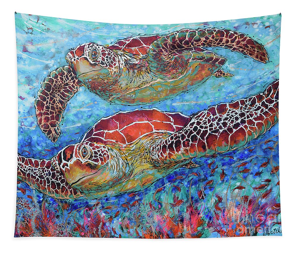  Tapestry featuring the painting Magnificent Green Sea Turtles by Jyotika Shroff