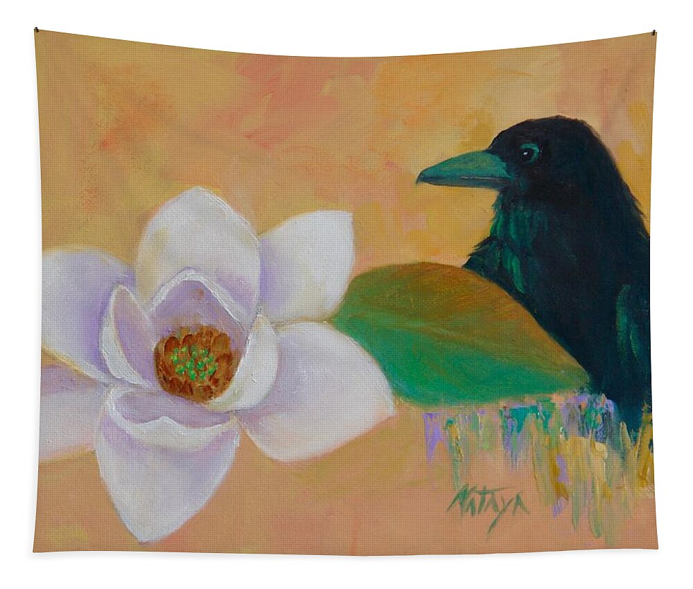 Magnolia Tapestry featuring the painting Magnolia Crow by Nataya Crow