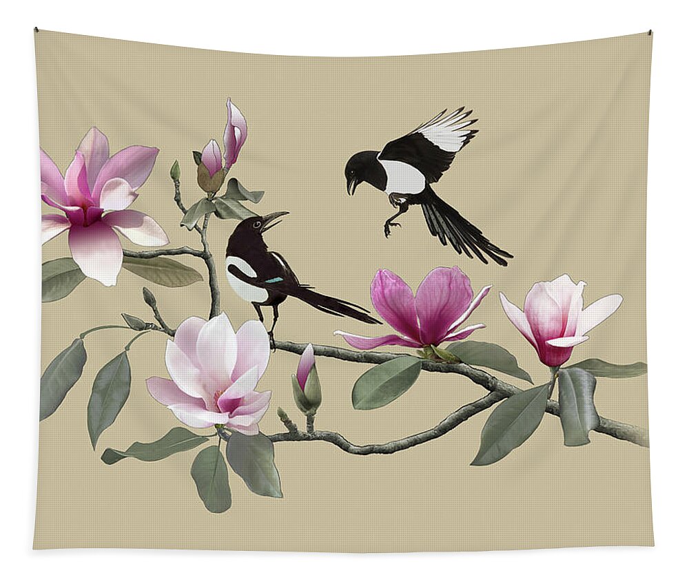 Birds Tapestry featuring the digital art Magpies and Pink Magnolia by M Spadecaller
