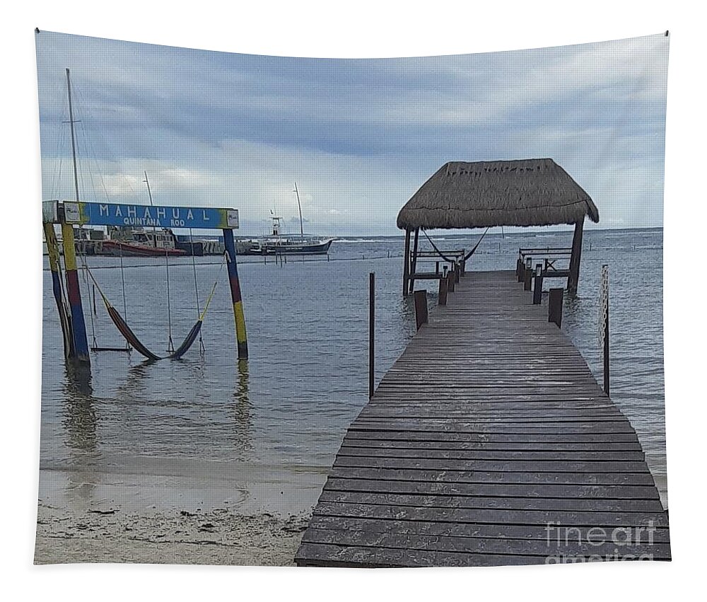 Dock Tapestry featuring the photograph Mahahual Dock and Swing by Nancy Graham