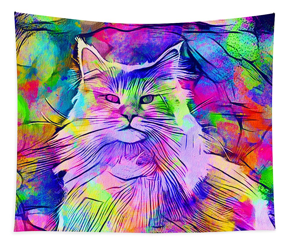 Maine Coon Tapestry featuring the digital art Maine Coon cat looking at camera - colorful lines digital painting by Nicko Prints