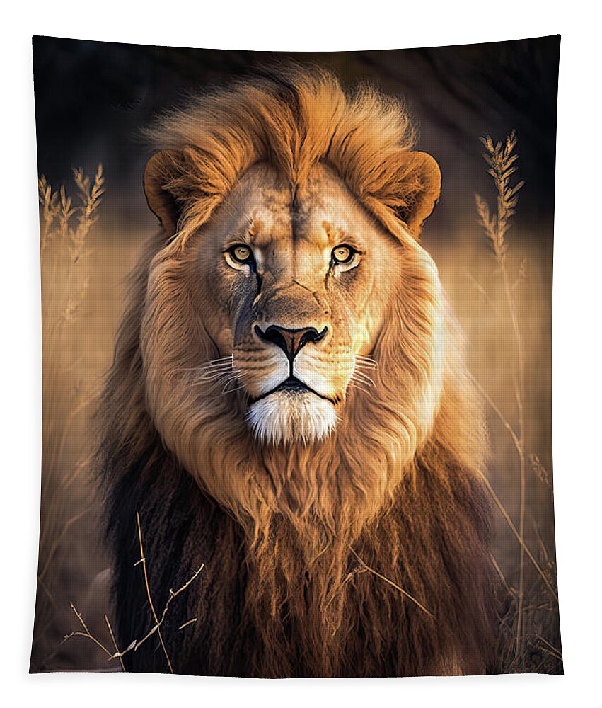 Lion Tapestry featuring the digital art Majestic Lion 01 by Matthias Hauser