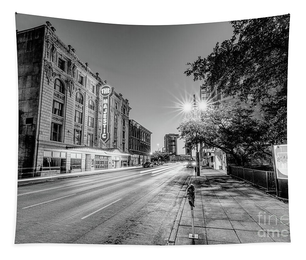 Dallas Tapestry featuring the photograph Majestic Theater Elm Street Night Grayscale by Jennifer White