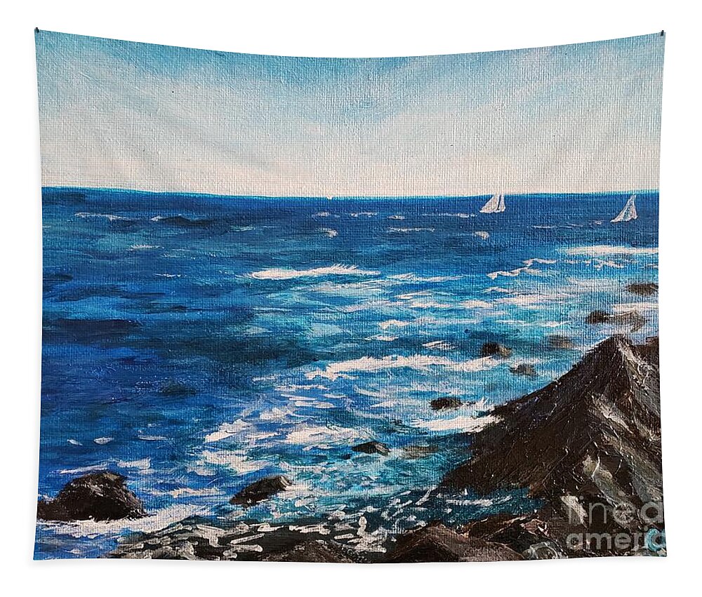 Blue. White Tapestry featuring the painting Making Waves by the Cliff Walk, Newport, Rhode Island by C E Dill