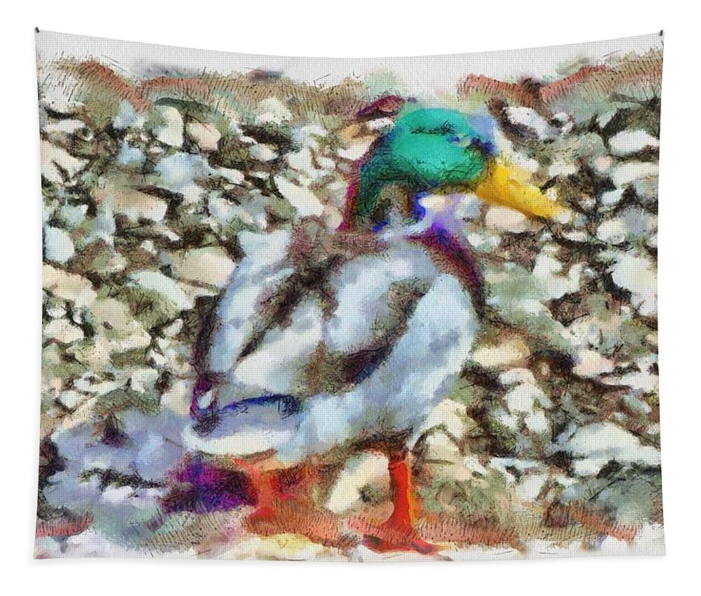 Mallard Tapestry featuring the mixed media Male Mallard Duck by Christopher Reed