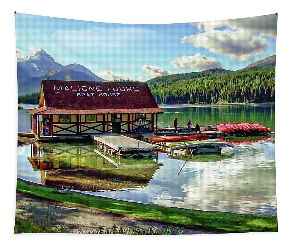 Maligne Lake Boat House Fine Art Print Tapestry featuring the photograph Maligne Lake Boat House by Jerry Cowart