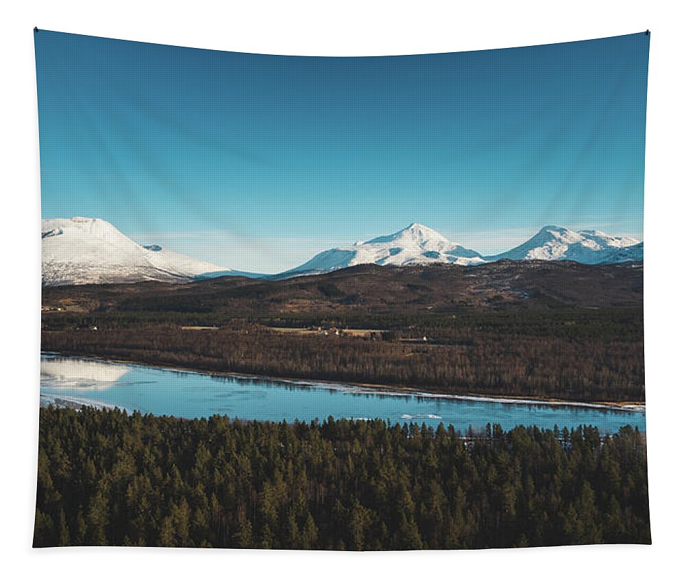 Touristic Tapestry featuring the photograph Malselva River with a reflection on the snow-covered hills by Vaclav Sonnek