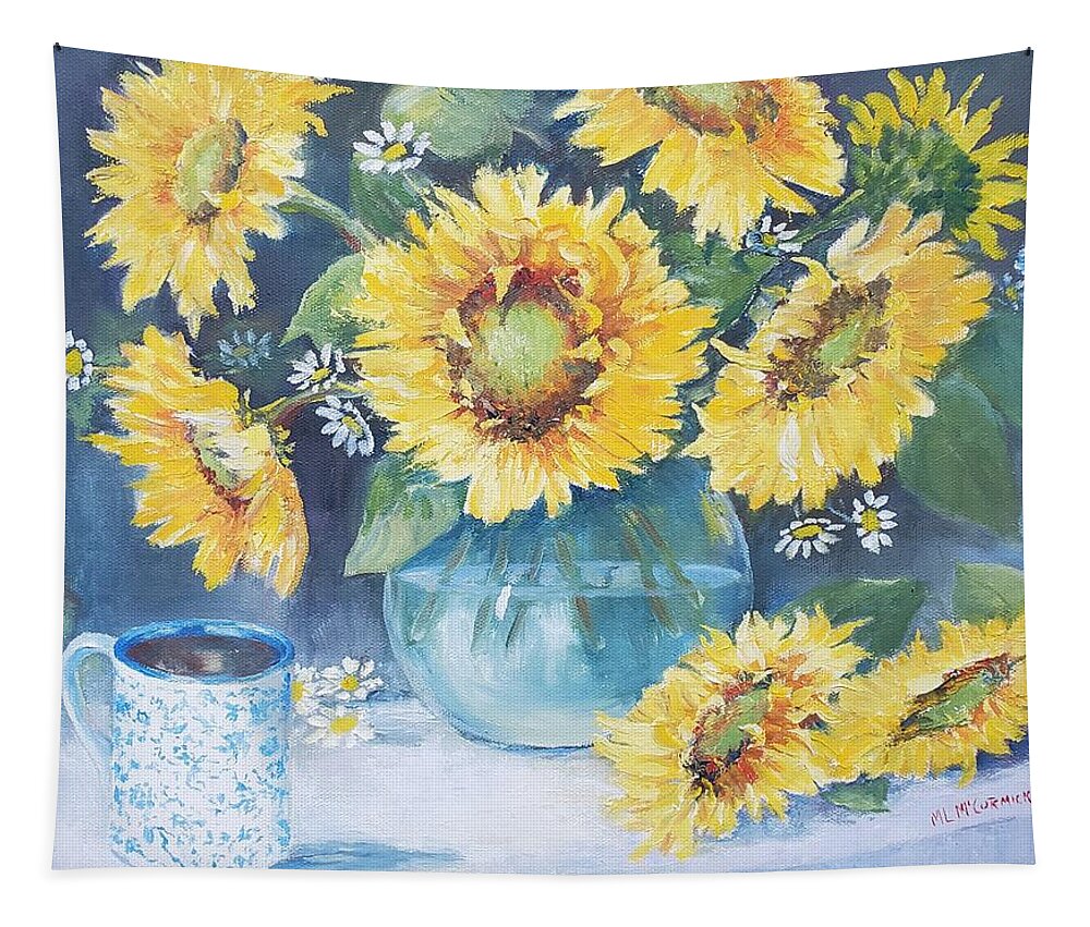 Sunflowers Autumn Coffee Harvest Tapestry featuring the painting Mama's Cup with Sunflowers by ML McCormick