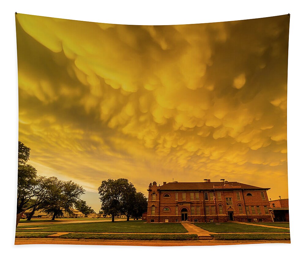 Clouds Tapestry featuring the photograph Mammatus Clouds over Chester School Building by Art Whitton