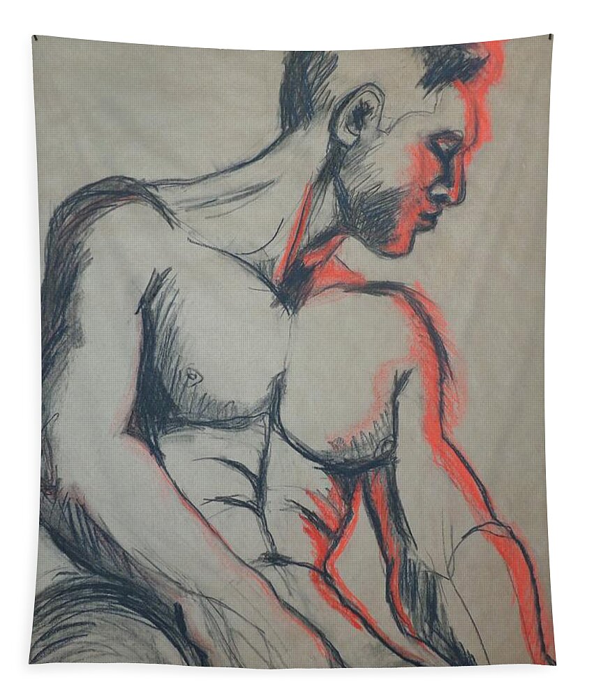 Brown Paper Tapestry featuring the drawing Man In Warm Light 1 by Carmen Tyrrell