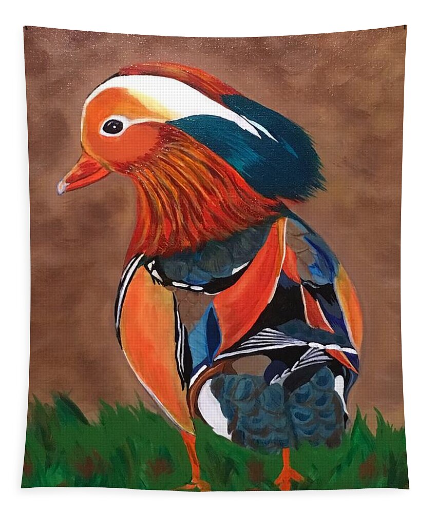  Tapestry featuring the painting Mandarin Duck-Fowl Play by Bill Manson