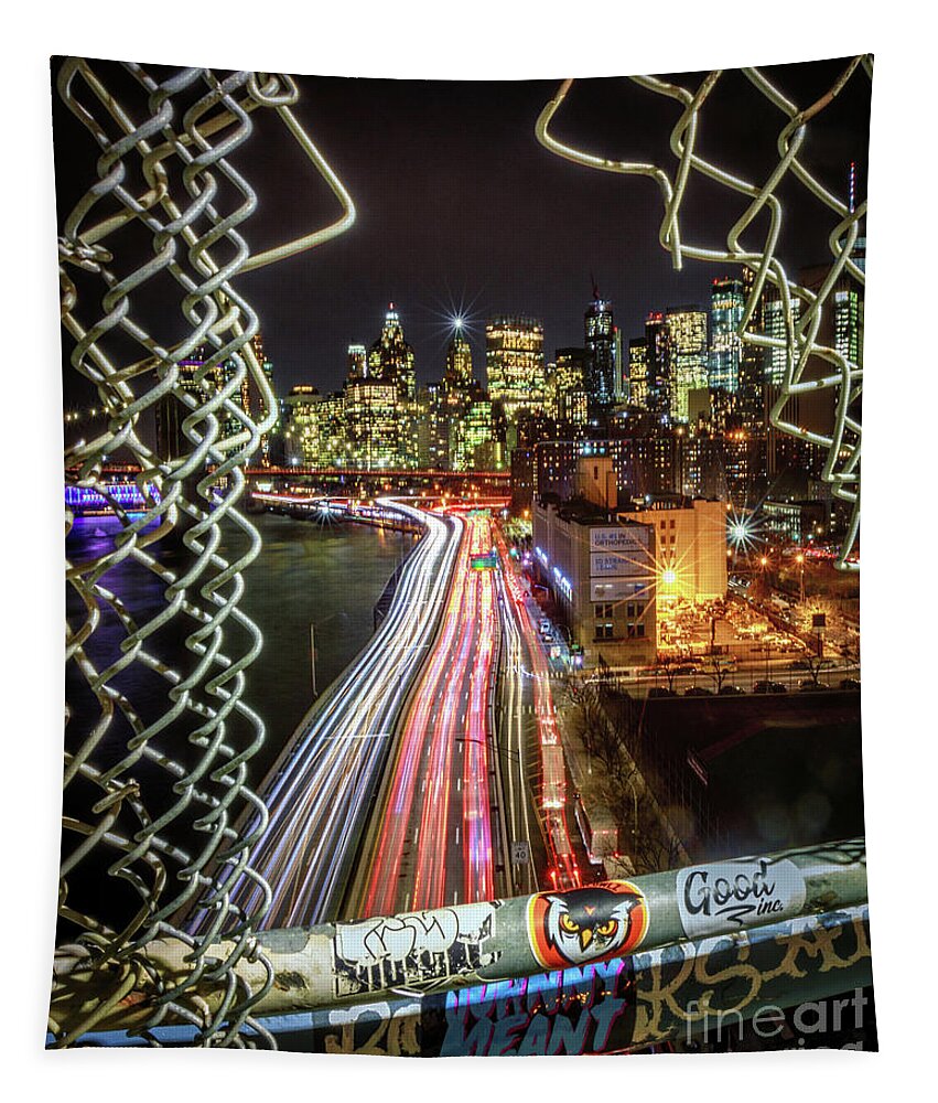 New York Tapestry featuring the photograph Manhattan At Night by Lev Kaytsner