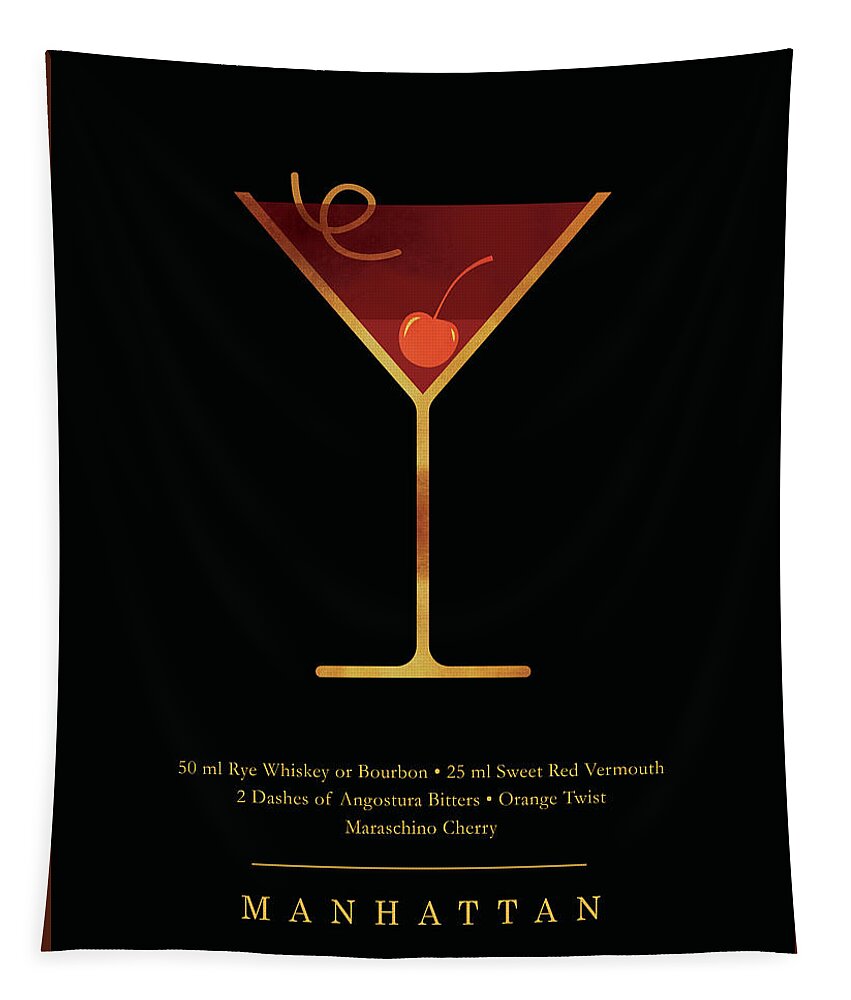 Manhattan Tapestry featuring the digital art Manhattan Cocktail - Classic Cocktail Print - Black and Gold - Modern, Minimal Lounge Art by Studio Grafiikka