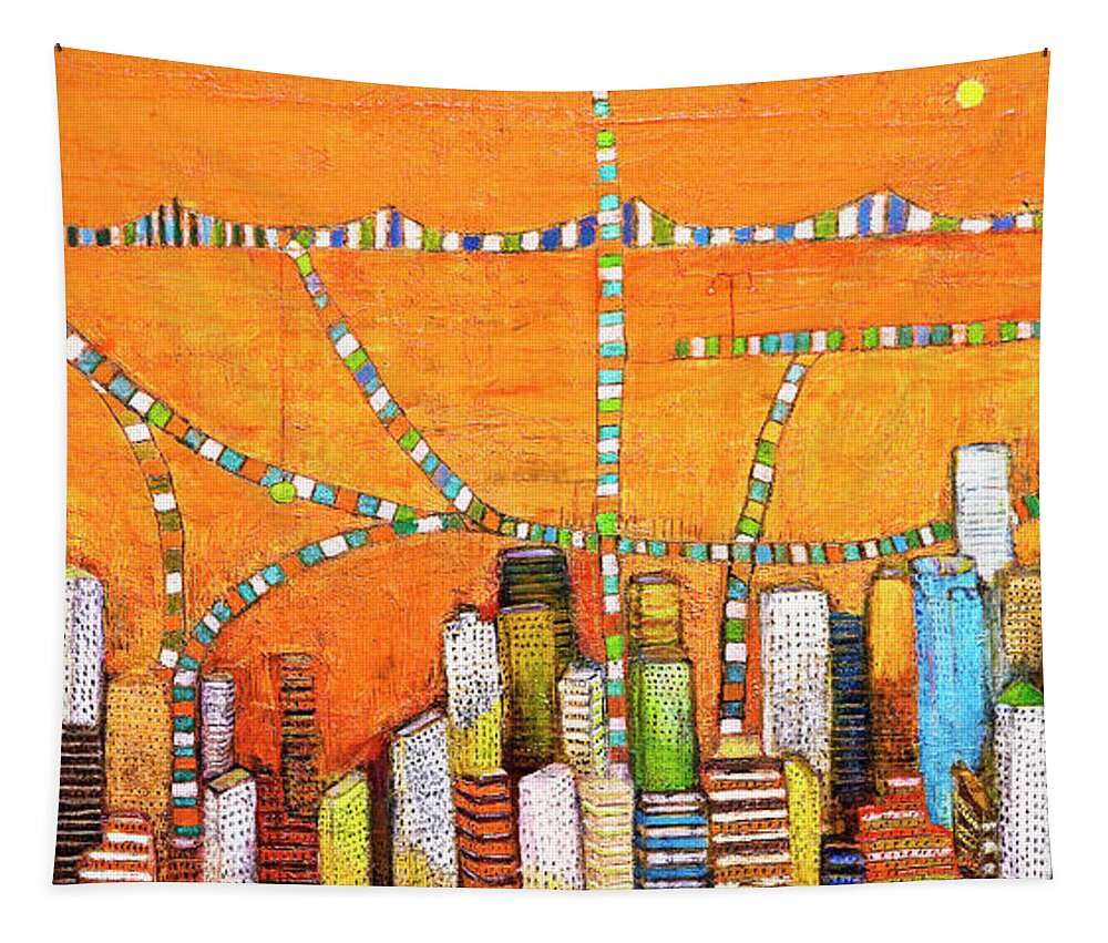 #framedprint #canvasprint #metalprint #acrylicprint #woodprint #poster Tapestry featuring the painting Manhattan in orange by Habib Ayat